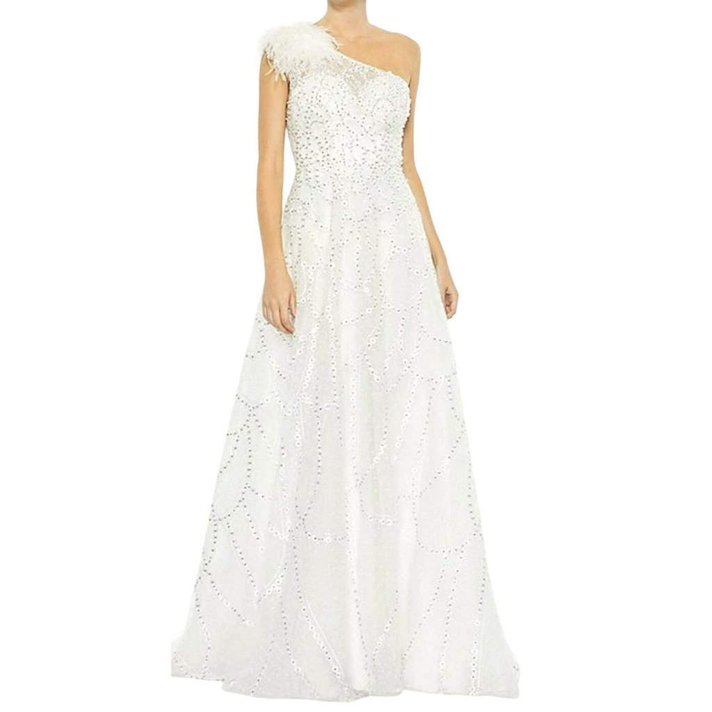 Mac Duggal One Shoulder White Sequin Feather Embellished Gown Maxi Dress Sz 2